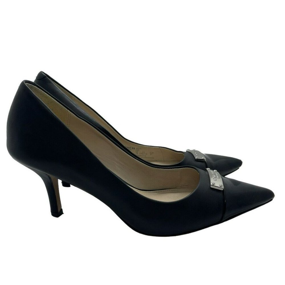COACH Zan Black Pointed Logo Leather Heels Patent Cap Toes Classic Career Shoe 7